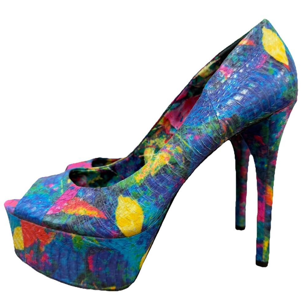 Brian Atwood Wmns Bambola Platform Pump Blue Snakeskin Peep Toe Heels Shoes 8.5